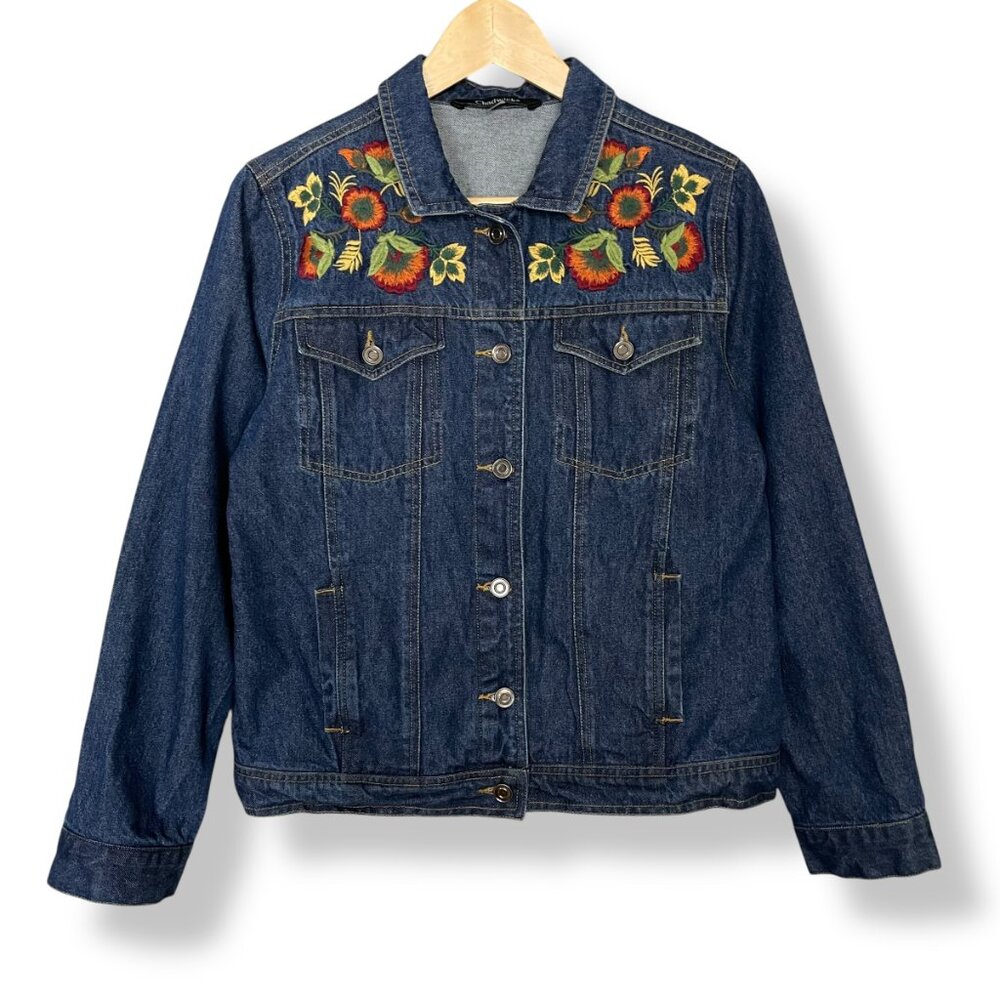 Embroidered Jean Jacket Autumn Colors Dark Wash Denim Women Size Small Fall